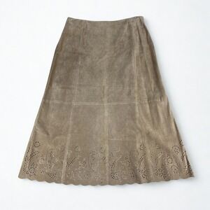 Leather Western Maxi Skirt Womens 14P Tan A-Line Laser‎ Cut Foral Hem Boho Chic
